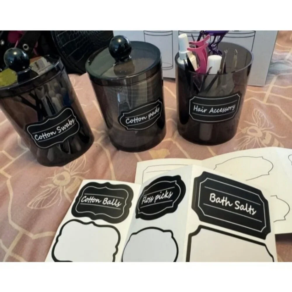 3 Pack Qtip Dispenser Apothecary Jars Bathroom with Labels-12 oz Black Plastic